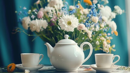 Fototapeta premium Teapot, cups, flowers, table, teal background, spring