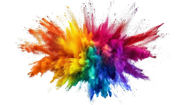 A burst of colorful powder creates a beautiful, vivid display against a bright white background, A photo of colorful bright rainbow holi paint color powder explosion isolated on white background. 