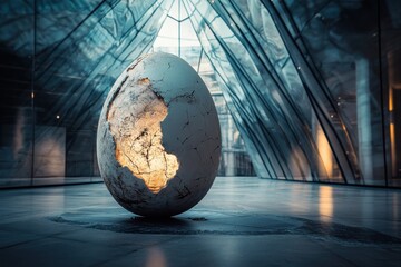 Unique illuminated egg sculpture captured in a modern architectural space during the evening