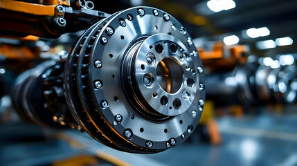 Close-up of a New Brake Disc and Rotor Being Assembled on an Assembly Line in a Factory.