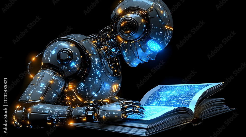 Poster 3d robot reads a futuristic book with glowing pages on a dark background