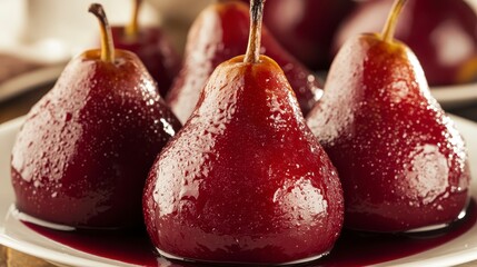 Close up of four red pears poached in a rich, dark red sauce, glistening on a white plate. The pears are plump and juicy, with visible texture. Warm