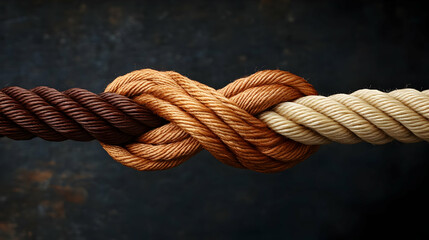 Three Different Colored Ropes Tied Together in a Knot Symbolizing Unity and Strength