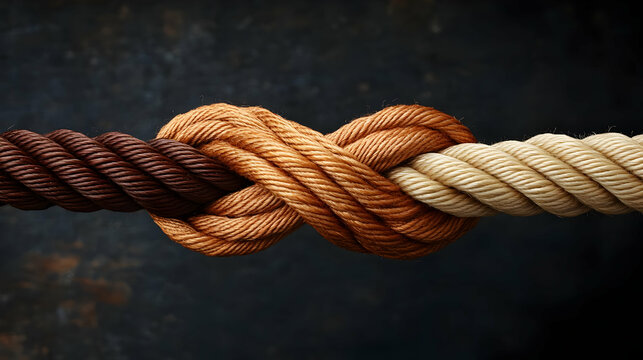 Three Different Colored Ropes Tied Together in a Knot Symbolizing Unity and Strength