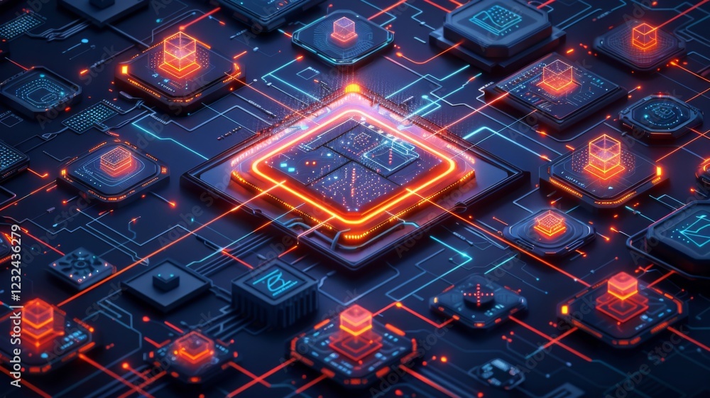 Fototapete Illuminated processors and circuit patterns are arranged in a complex layout, showcasing vibrant colors and glowing connections in a high tech environment.