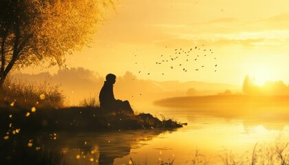 Golden Hour Solitude: A Figure Contemplates by a Serene River