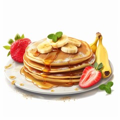 Delicious pancakes with syrup, banana slices, strawberries and mint on a white plate