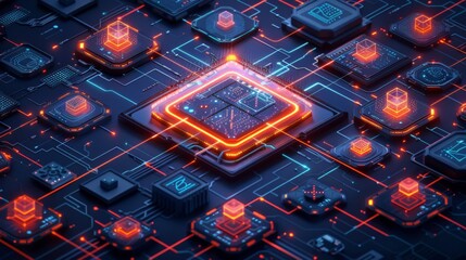 Illuminated processors and circuit patterns are arranged in a complex layout, showcasing vibrant colors and glowing connections in a high tech environment.