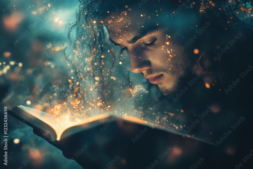 Poster man reads a glowing book surrounded by sparkles in a mystical atmosphere