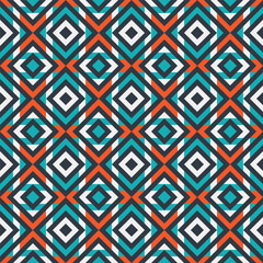 A seamless pattern featuring a repeating geometric design of interlocking squares in shades of blue, orange, black, and white
