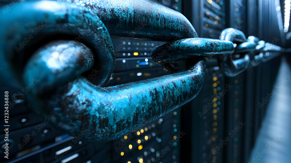 Poster heavy chain secures server racks in data center ensuring protection and stability reliably