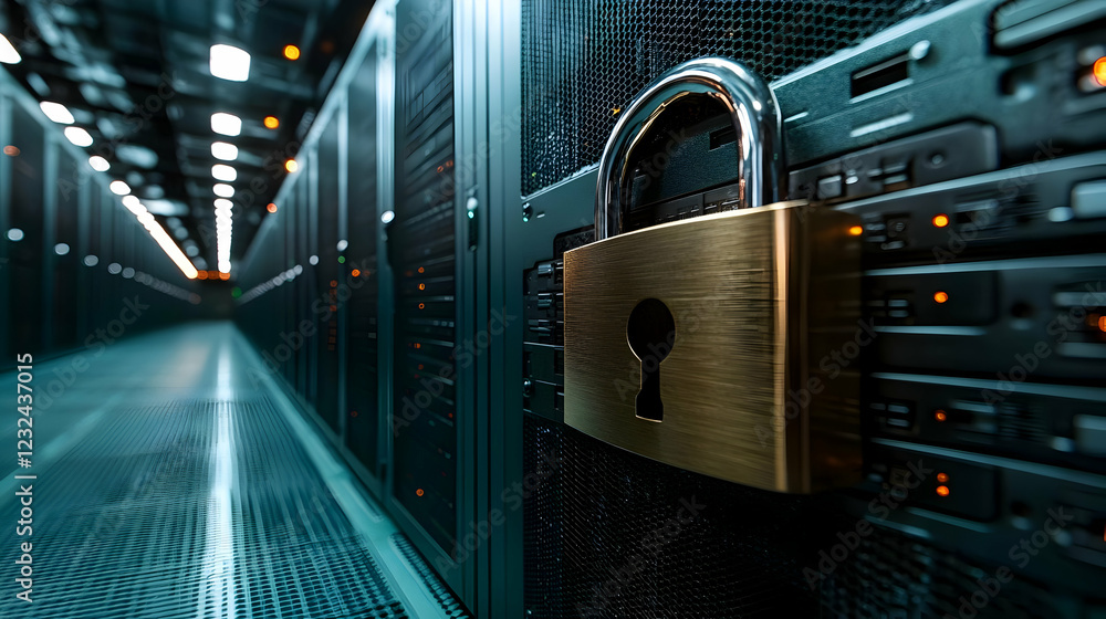Poster server room security: padlock secures data center servers, ensuring data protection in a futuristic 
