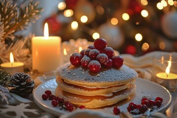 Stack of pancakes with red berries and powdered sugar on christmas table with candles and festive decorations
