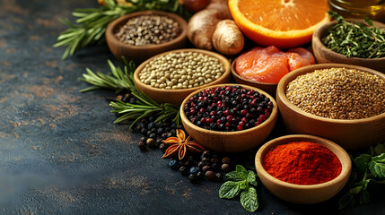 Assortment of colorful spices and herbs fills wooden bowls beautifully on a dark textured surface.
