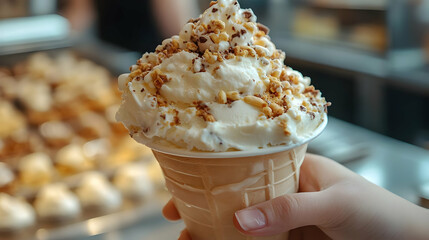 Hand Holds Ice Cream Topped with Crunchy Nuts in a Waffle Cone at a Shop.