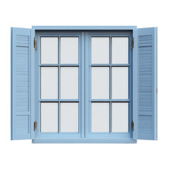 A blue, wooden window with open shutters, featuring multiple panes and a clean, structured design.