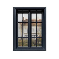 Obraz premium A dark-framed window with multiple panes showcasing a blurred view of a building exterior.