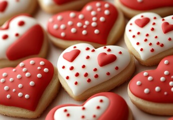 Close up of heart shaped cookies decorated with red and white icing, featuring small hearts and polka dots. Sweet treats perfect for Valentine's Day