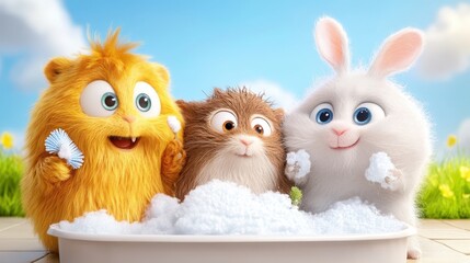 Adorable Cute Animal Characters Enjoying a Fun Bubble Bath Together