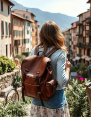 Vista trasera de una joven turista en un hermoso paisaje europeo llevando una mochila de cuero vintage 