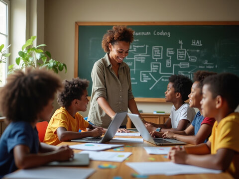 Profesora de programaci&oacute;n parada junto a un grupo de ni&ntilde;os curiosos de diversos tonos de piel y edades
