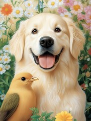 Happy Golden Retriever with Bird Among Colorful Flowers in Garden