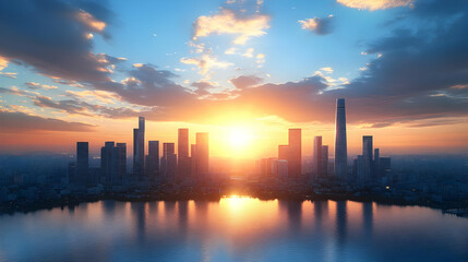 Naklejka premium Cityscape Reflects in Water at Sunrise with Vibrant Colors Perfectly and Beautifully