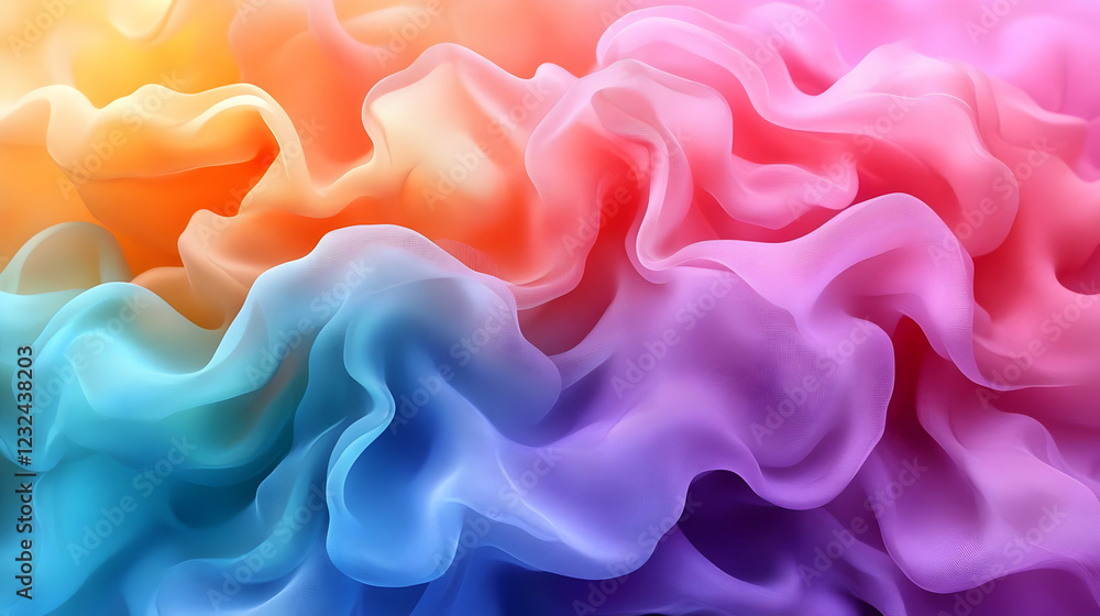 Poster abstract background displays flowing colorful fabric with soft folds and gradient, 3d rendered illus