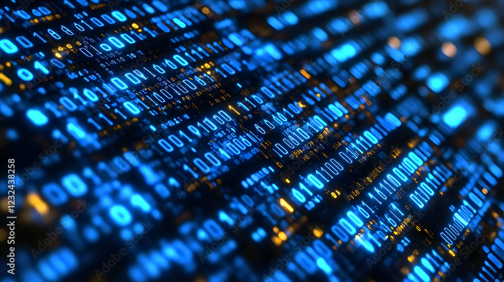 Aufkleber binary code stream flows across a dark background with futuristic blue and gold highlights