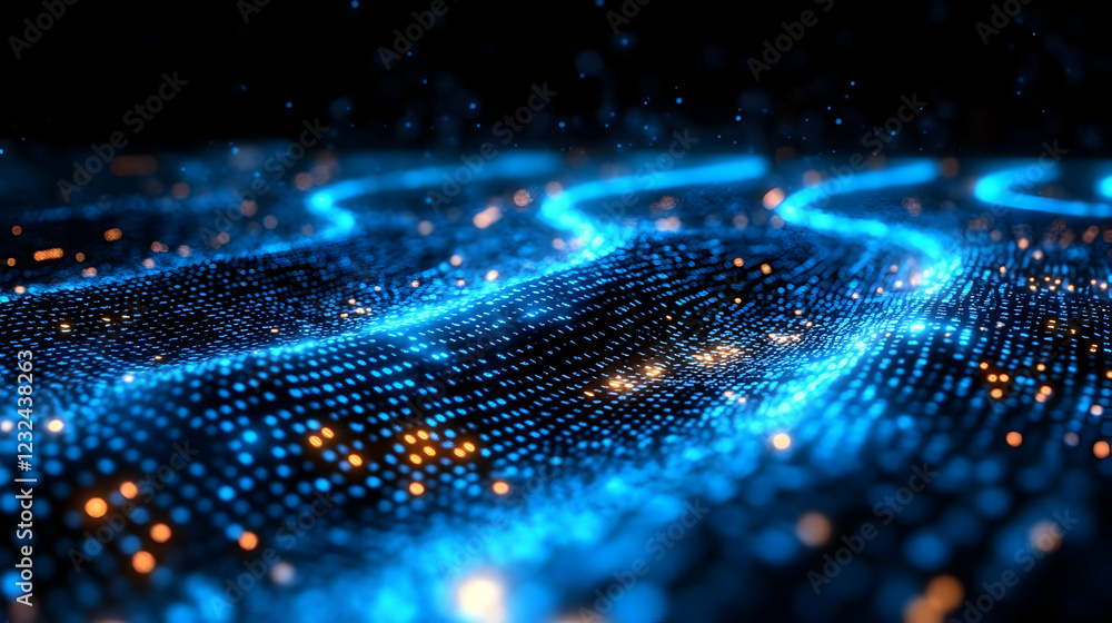 Poster abstract blue digital wave flows smoothly with glowing particles and bokeh effect.