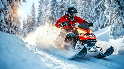 Snowmobiler rides through snowy forest trail on a sunny winter day.  Fast and thrilling ride in snow.