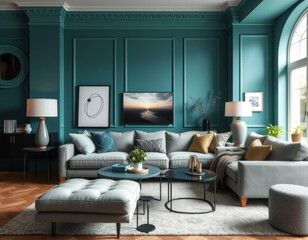 Interior elegante de salón verde azulado con un acogedor sofá gris y fotografías de la naturaleza y arte abstracto
