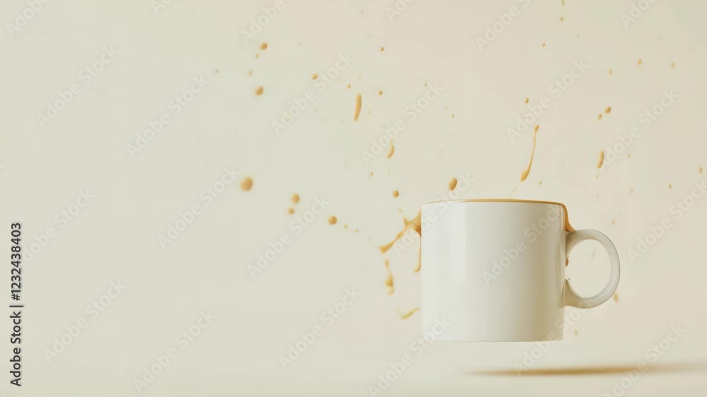 Poster Coffee splashing from white mug levitating on uniform beige background, creating dynamic droplets in air, minimalist design with copy space
