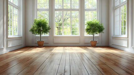 Fototapeta premium Bright Empty Room with Wooden Floor and Large Windows Overlooking Lush Greenery Beautifully.