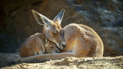A kangaroo mother grooming its joey while it rests in the pouch.