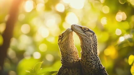 Two lizards touch noses, backlit with golden light, greenery blurred.