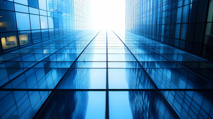 Obraz premium Modern Glass Skyscraper Reflects Blue Sky in Architectural Symmetry with Perspective Lines