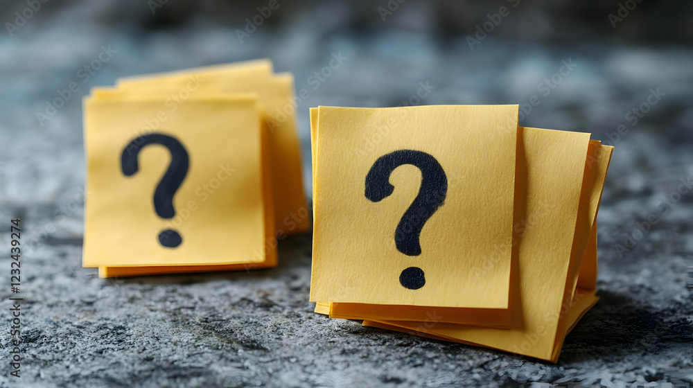 Poster yellow sticky notes with question marks display uncertainty and inquiry on a textured surface.