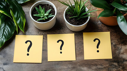 Three Question Marks on Yellow Sticky Notes with Potted Plants on a Dark Wooden Table Background