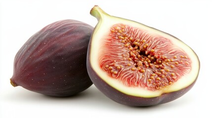 Two ripe figs, one sliced open to reveal its red interior and numerous seeds, against a clean white background. Close up view showcasing texture and