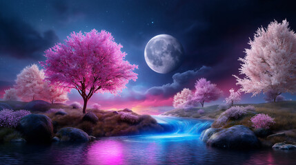 Metallic rivers weave through vibrant neon forests under a luminous moonlit sky