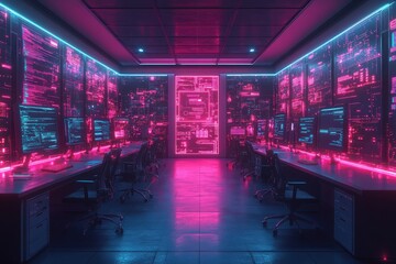 Office room with multiple computer screens and desks arranged for collaborative work environment