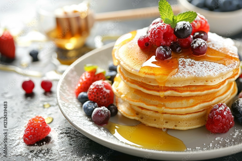 Poster stack of pancakes dripping with honey and topped with fresh berries, creating a delicious and tempti
