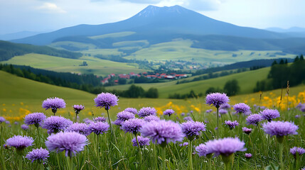Obraz premium Purple flowers bloom vibrantly in a meadow with a majestic mountain backdrop and a peaceful village.