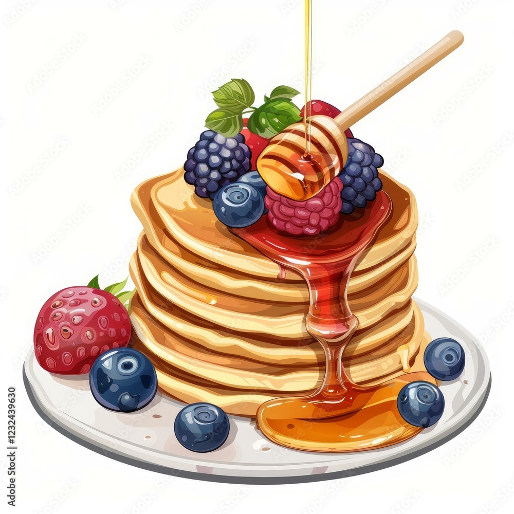 Poster stack of pancakes dripping with honey and topped with fresh berries, creating a sweet and tempting b