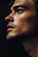Close-up of a Handsome Man with Water Droplets on Skin

