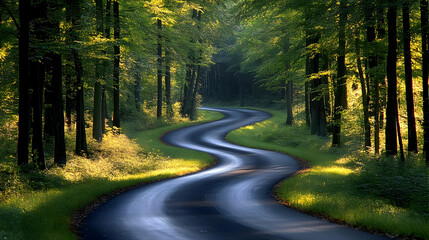 Obraz premium Winding Road Meanders Through a Lush Forest Illuminated by Golden Sunlight