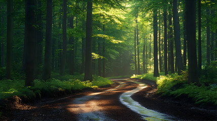 Obraz premium Sunlit Forest Path Winds Through Lush Greenery and Tranquil Woods Peacefully.