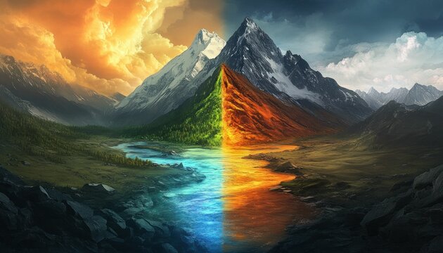 Dualistic Mountain Majesty: A Realm Divided by Fire and Ice