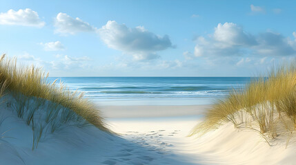 Sandy Path Leads to the Ocean Through Beach Grass Dunes on a Sunny Day with Puffy Clouds.